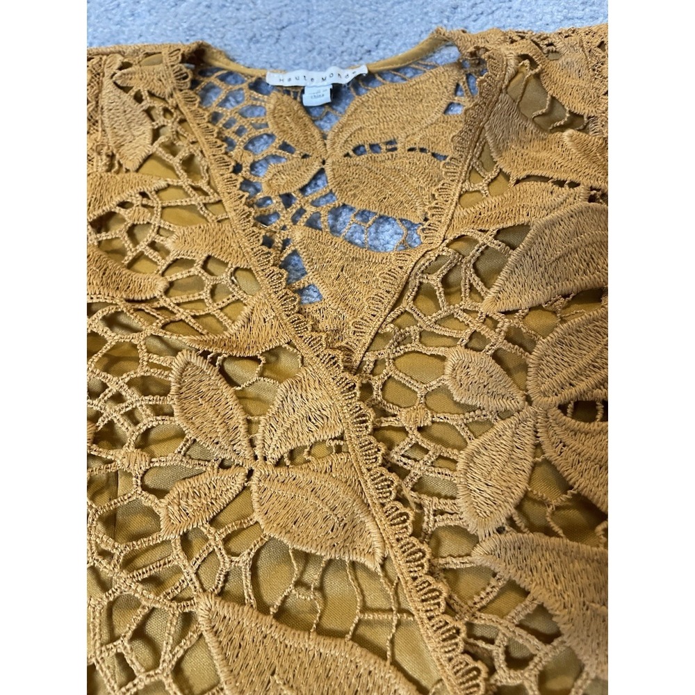 Haute Monde Floral Embroidery Peplum Blouse S Gold Lace Sheer Puff Sleeve Party - Picture 6 of 15